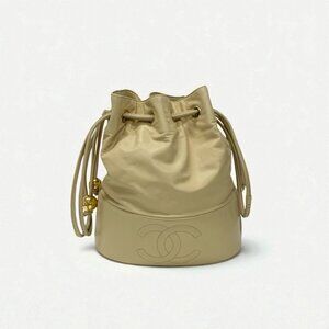 Chanel Bag Shoulder Bag Lambskin Beige Gold Pouch Drawstring